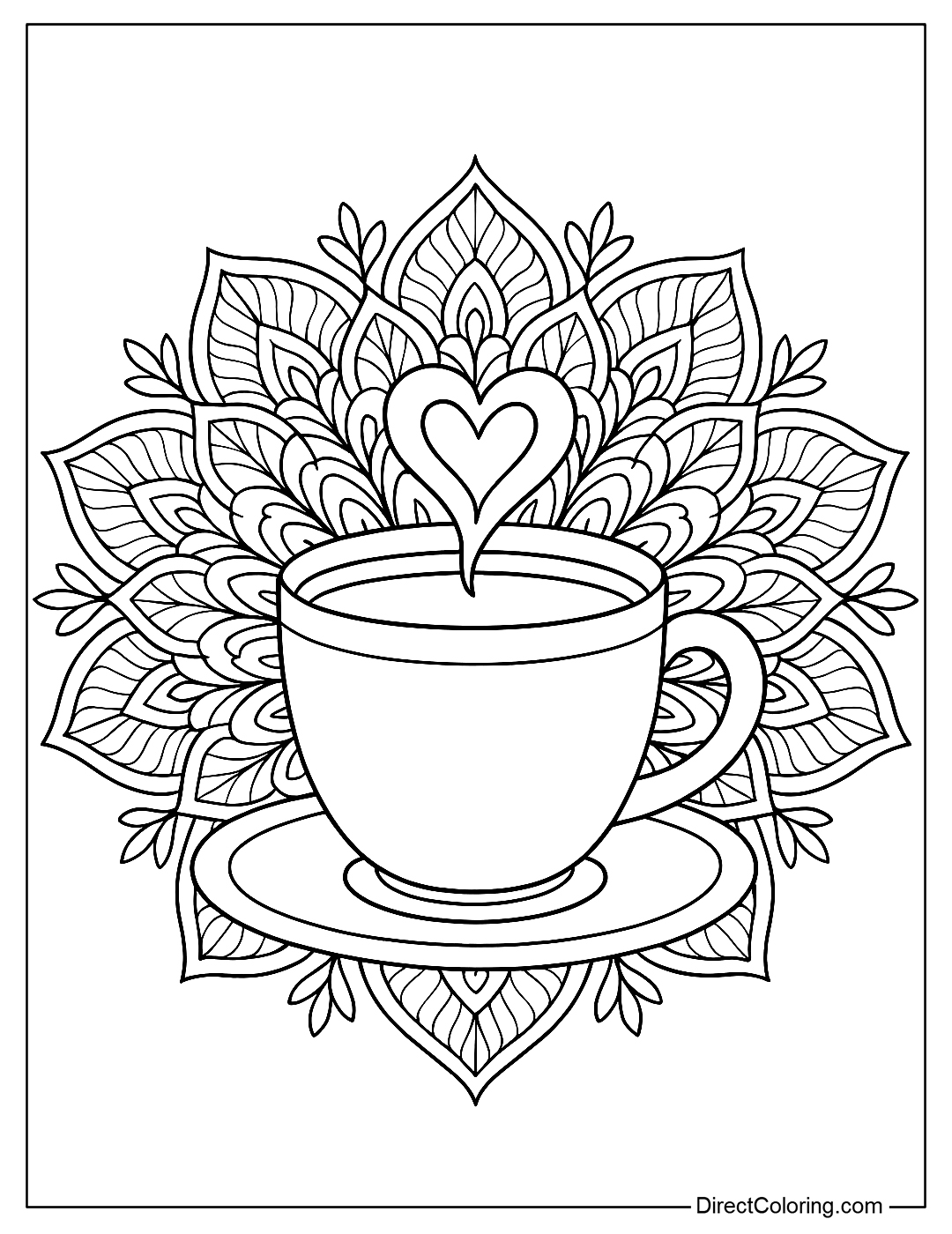 Coloring Page A steaming heart-shaped cup of coffee, set in the center of a delicate mandala wreath